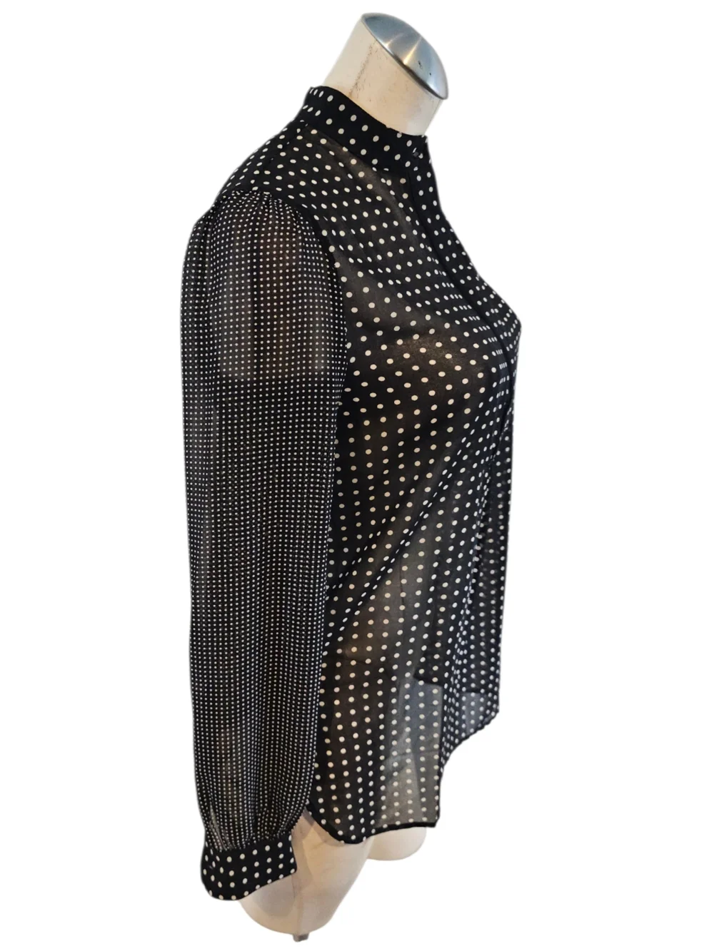 Anne Klein Size 0 Semi Sheer Blouse Black Off White Polka Dots - Picture 3 of 7